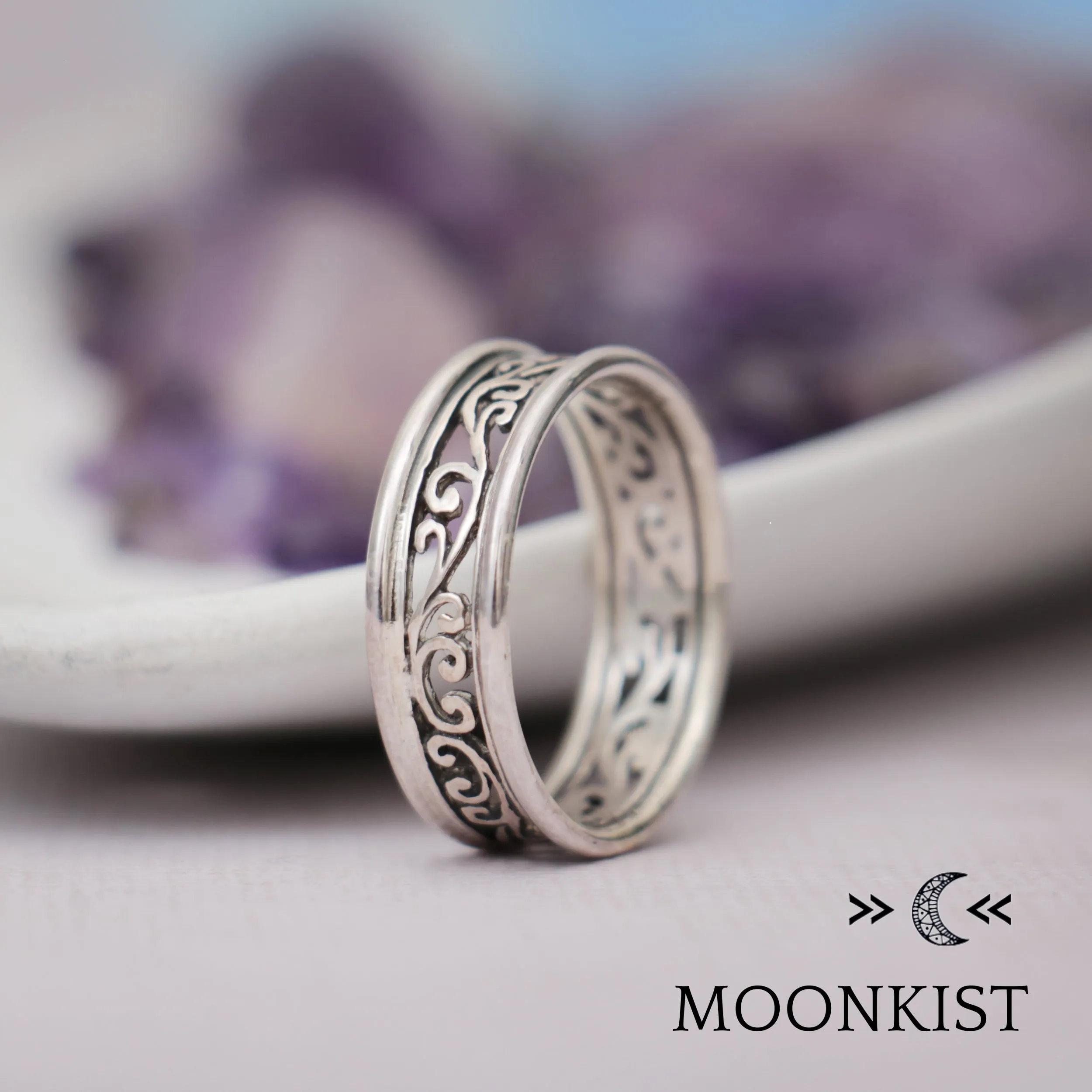 Antique Filigree Vine Floral Wide Wedding Band   | Moonkist Designs