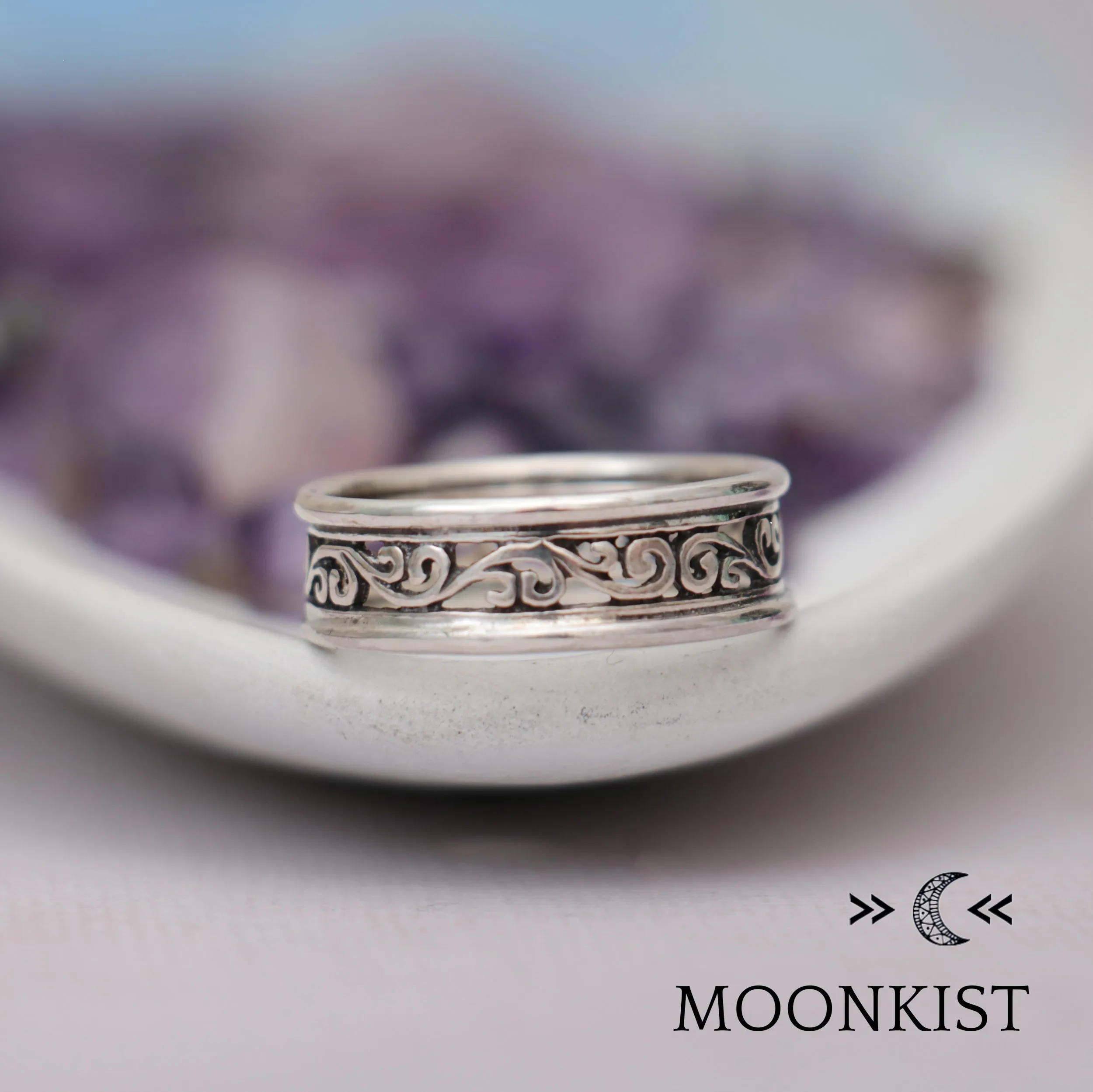 Antique Filigree Vine Floral Wide Wedding Band   | Moonkist Designs