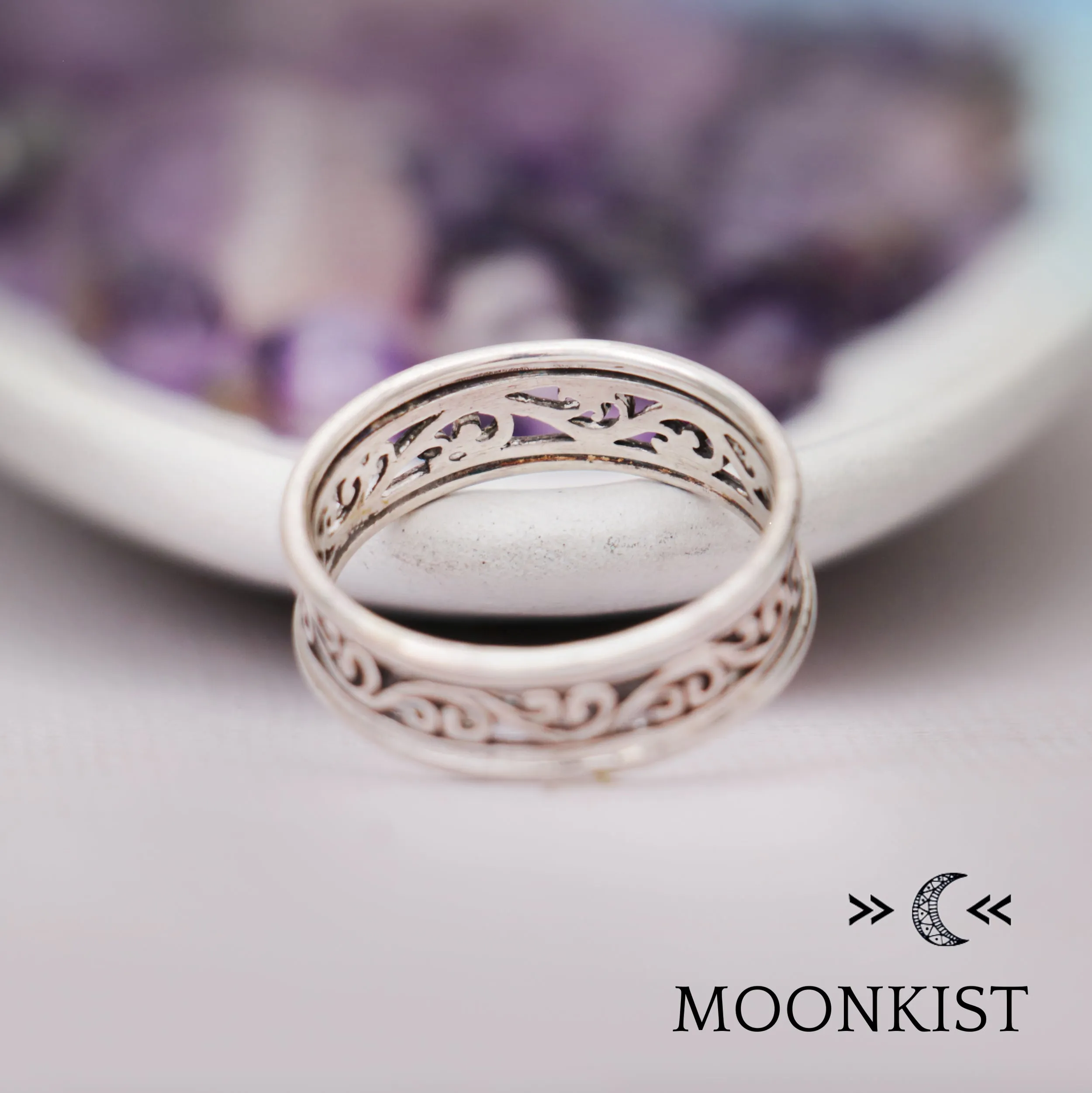 Antique Filigree Vine Floral Wide Wedding Band   | Moonkist Designs