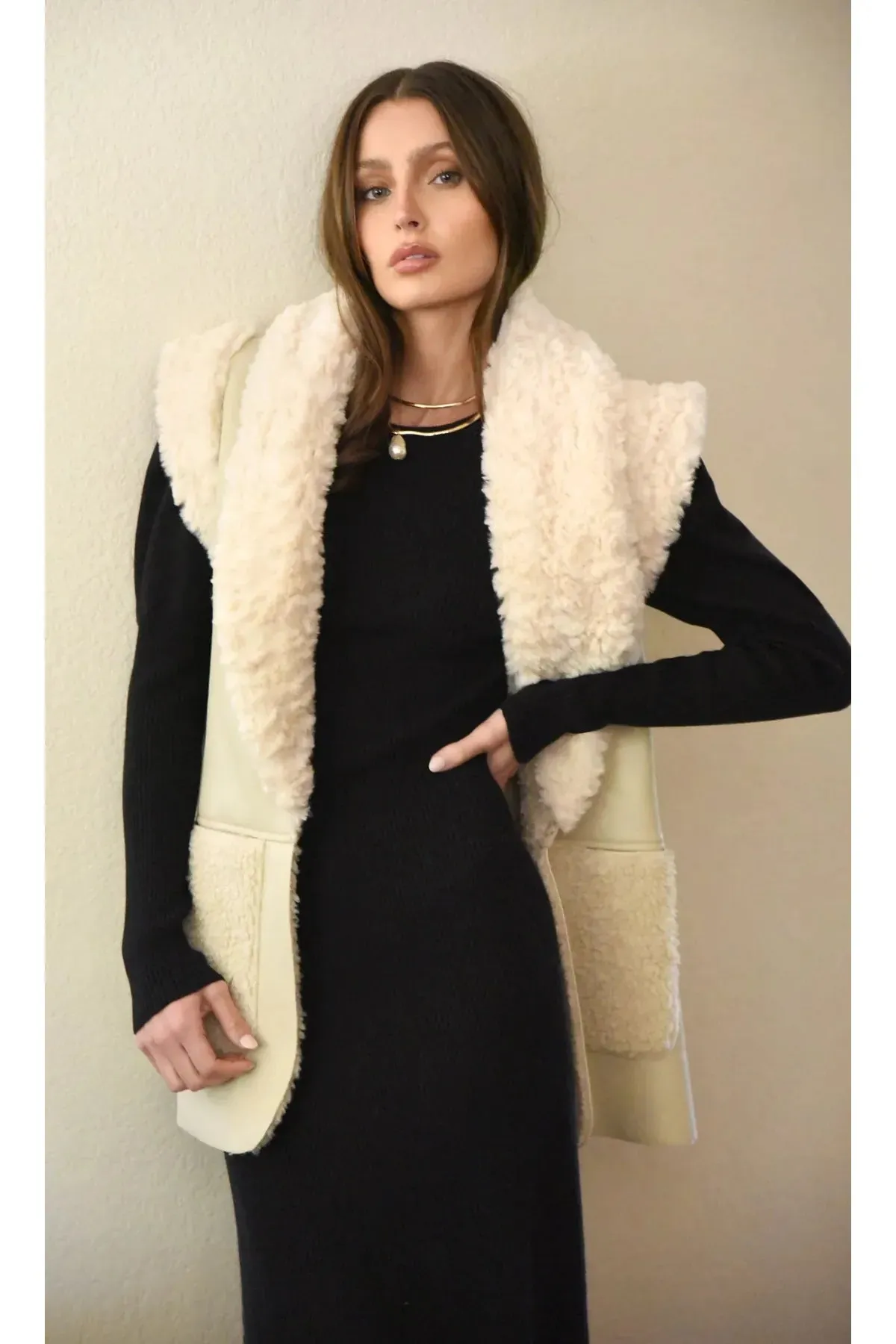 Beige Faux Fur Leather Vest