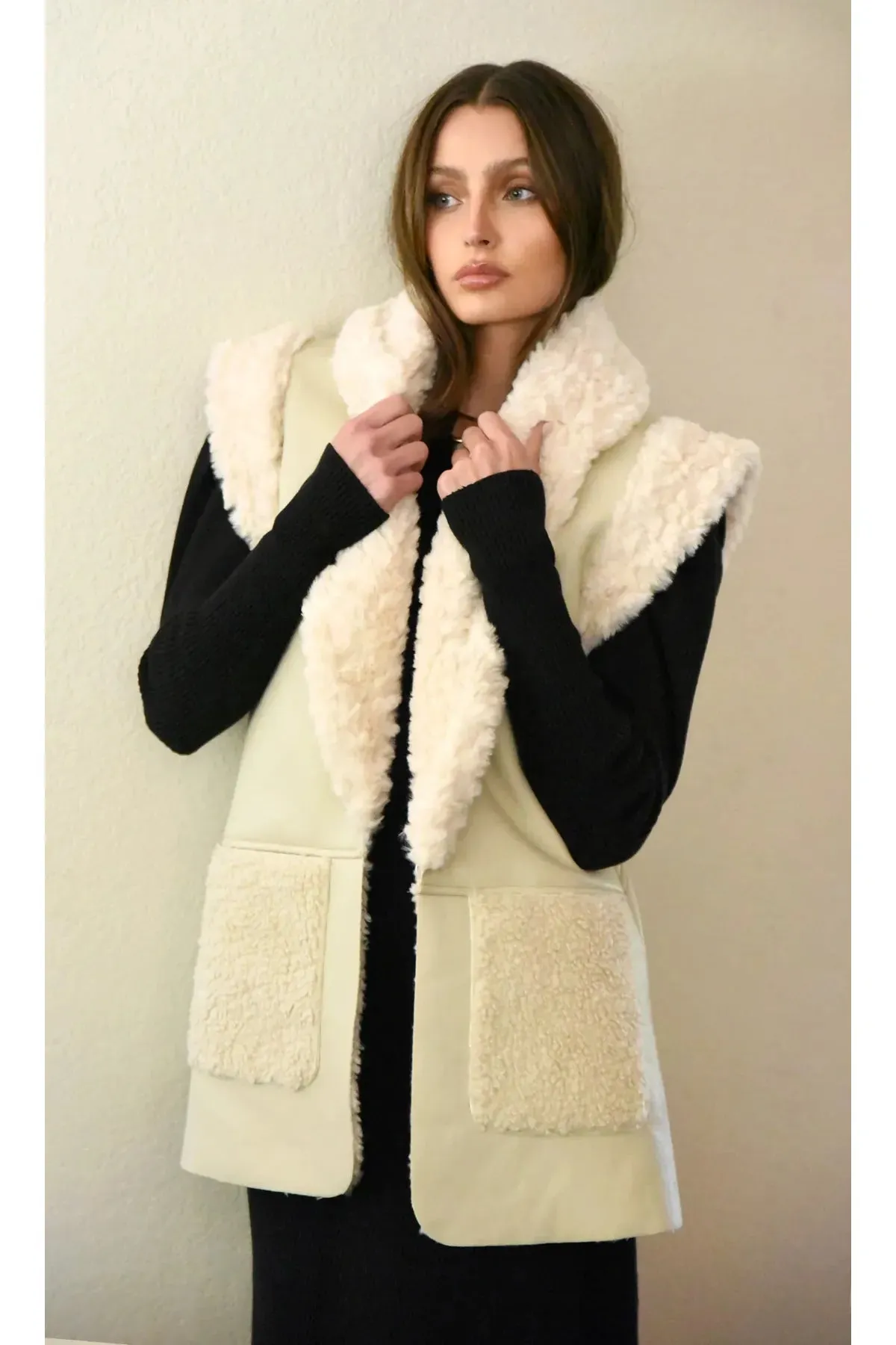 Beige Faux Fur Leather Vest