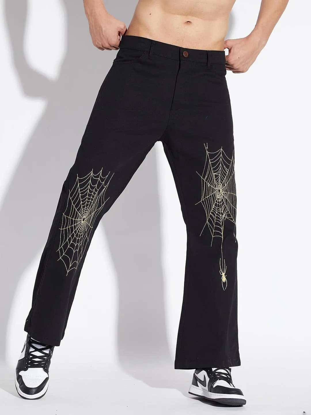 Black Spider Web Flared Pants