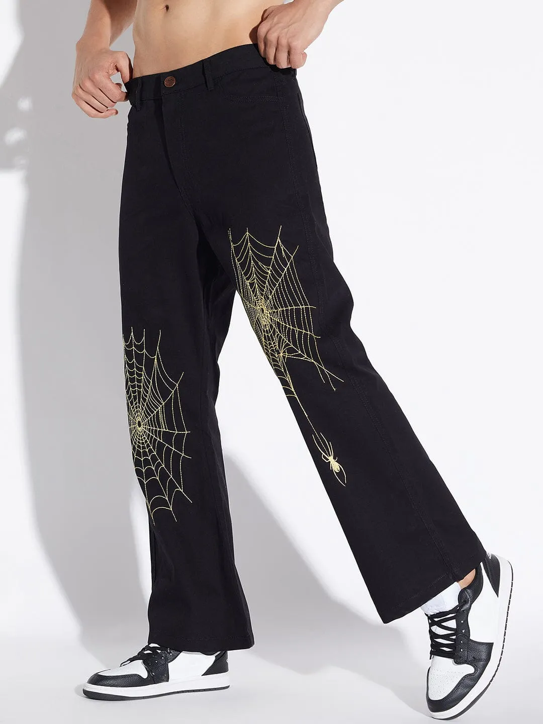 Black Spider Web Flared Pants