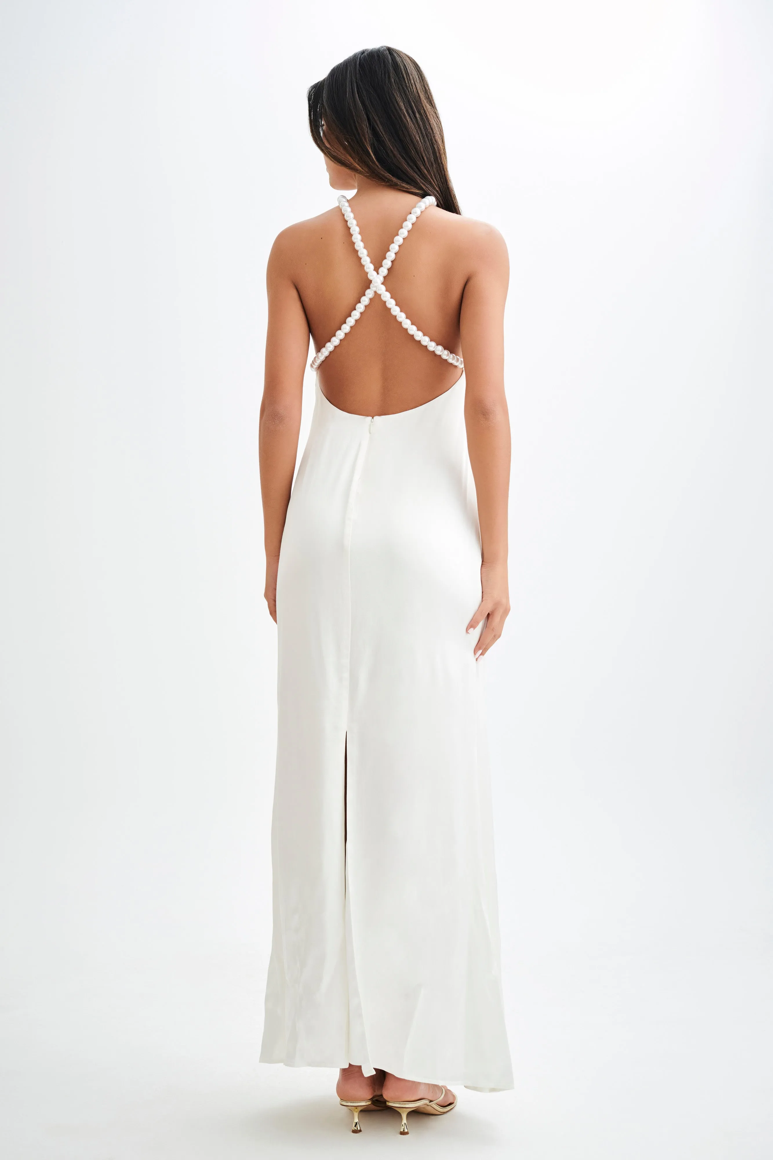 Blanche Satin Pearl Halter Maxi Dress - White