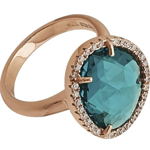 Blue Tourmaline Sterling Silver 18K Rose Gold Plated Ring White Zirconias