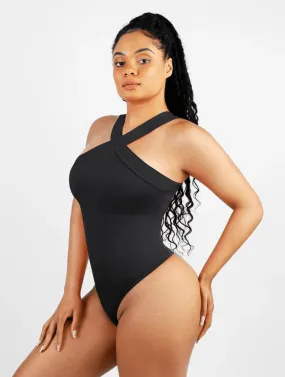 CRISS CROSS HALTER BODYSUIT - BLACK