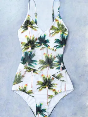 Green Palm Printed One-piece Swimsuit