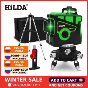 HILDA Laser Level 12 Lines 3D Level Self-Leveling 360 Horizontal And Vertical Cross Super Powerful Green Laser Level