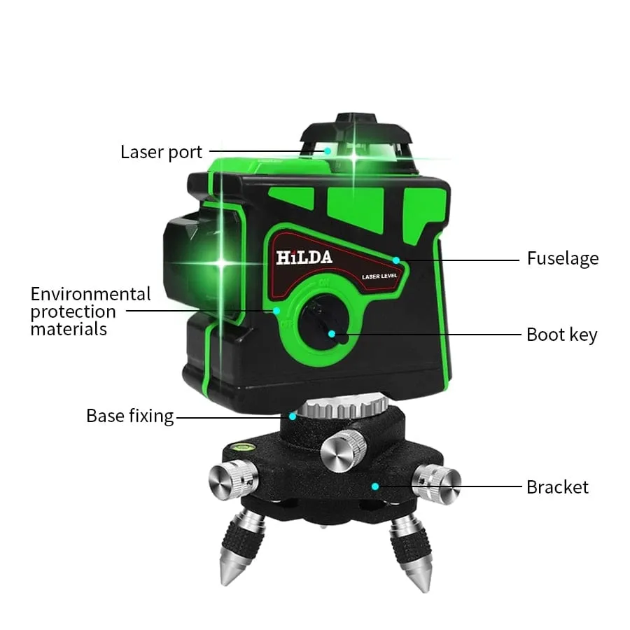 HILDA Laser Level 12 Lines 3D Level Self-Leveling 360 Horizontal And Vertical Cross Super Powerful Green Laser Level