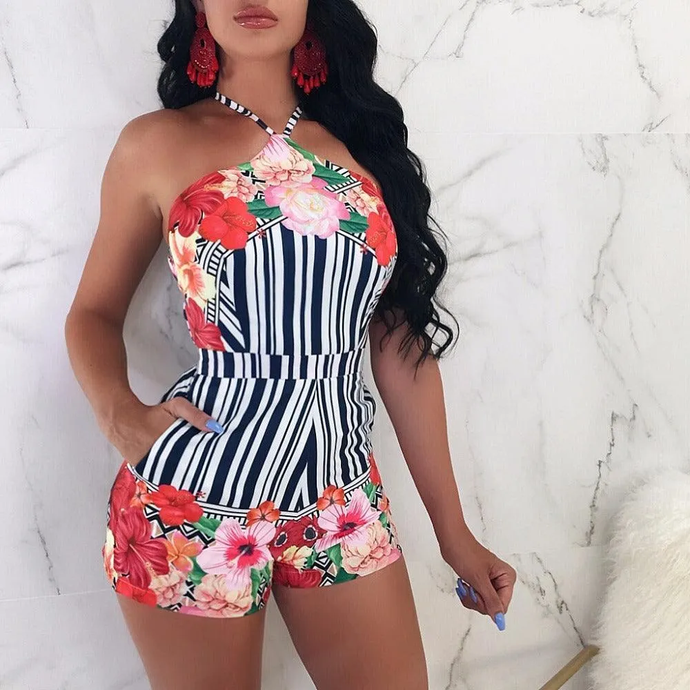 HOLLY’S HALTER FLORAL STRIPED ROMPER