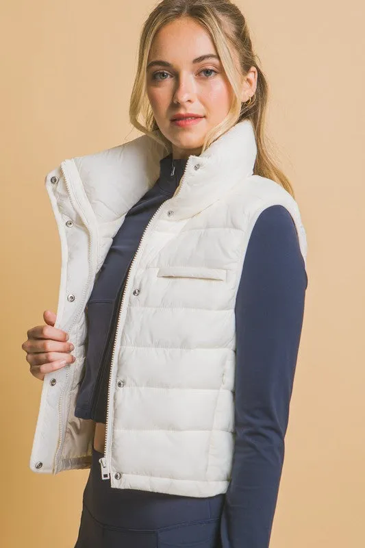 Kaelyn High Neck Zip Up Puffer Vest with Storage Pouch