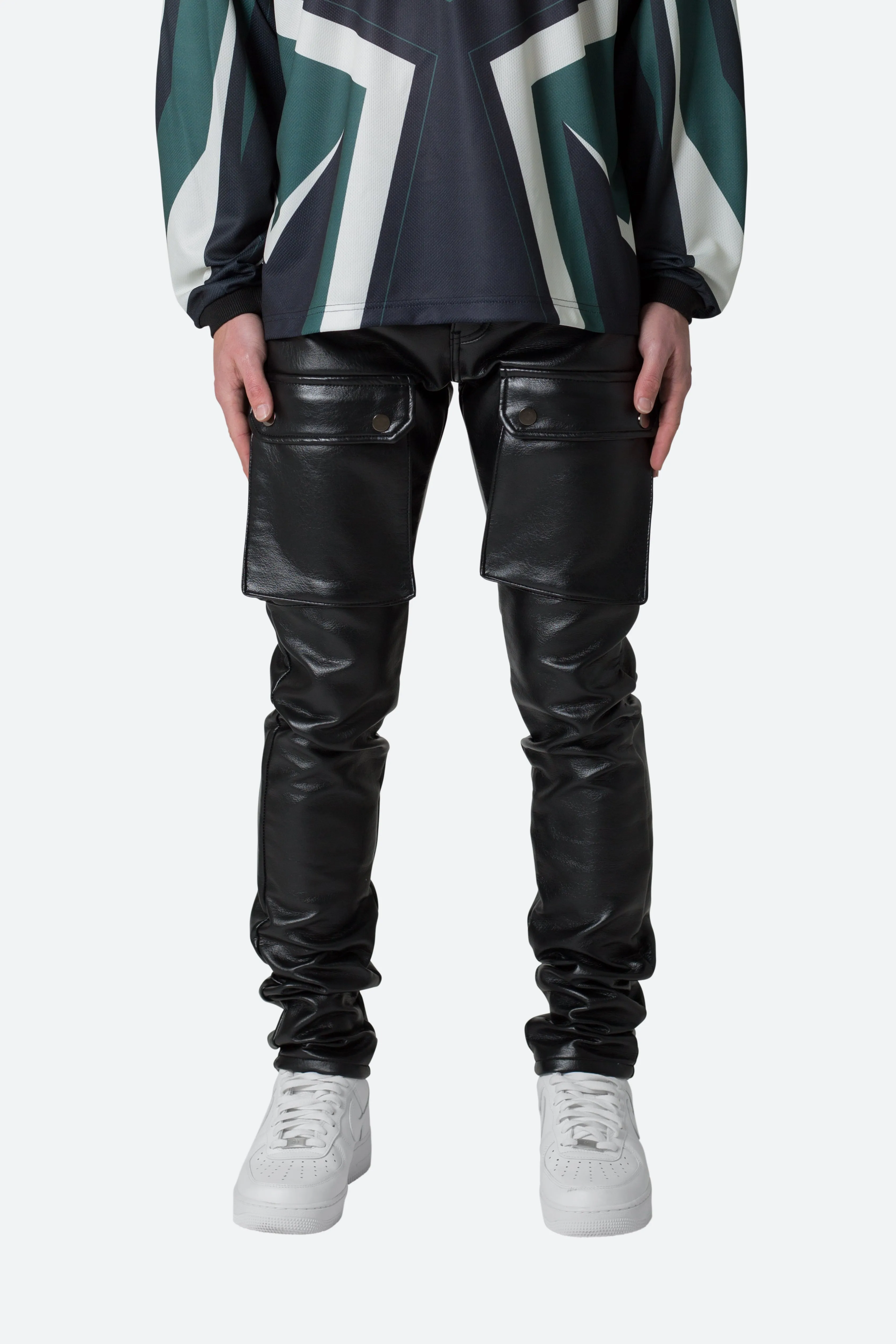 Leather Snap Cargo Pants - Black