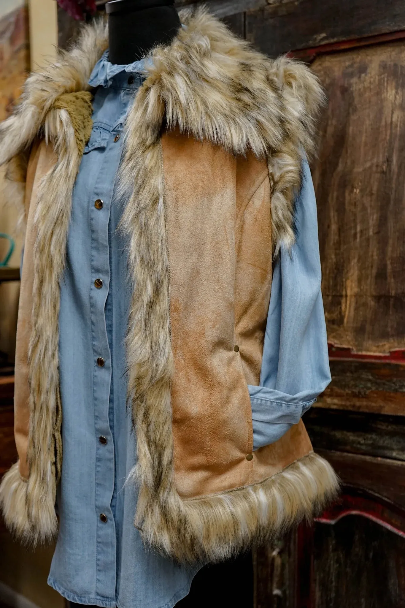 Luxe Suede and Fur Vest in Wheat by Tasha Polizzi