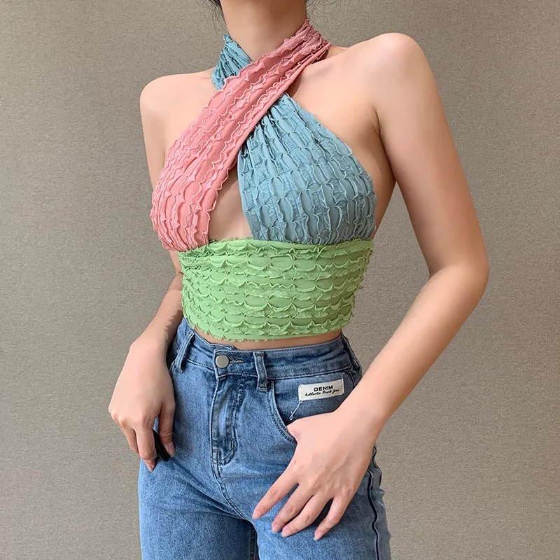 Macaroon Colour Block Ruched Cross Wrap Halter Neck Crop Tops Going Out