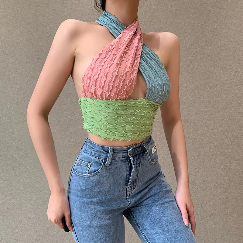 Macaroon Colour Block Ruched Cross Wrap Halter Neck Crop Tops Going Out