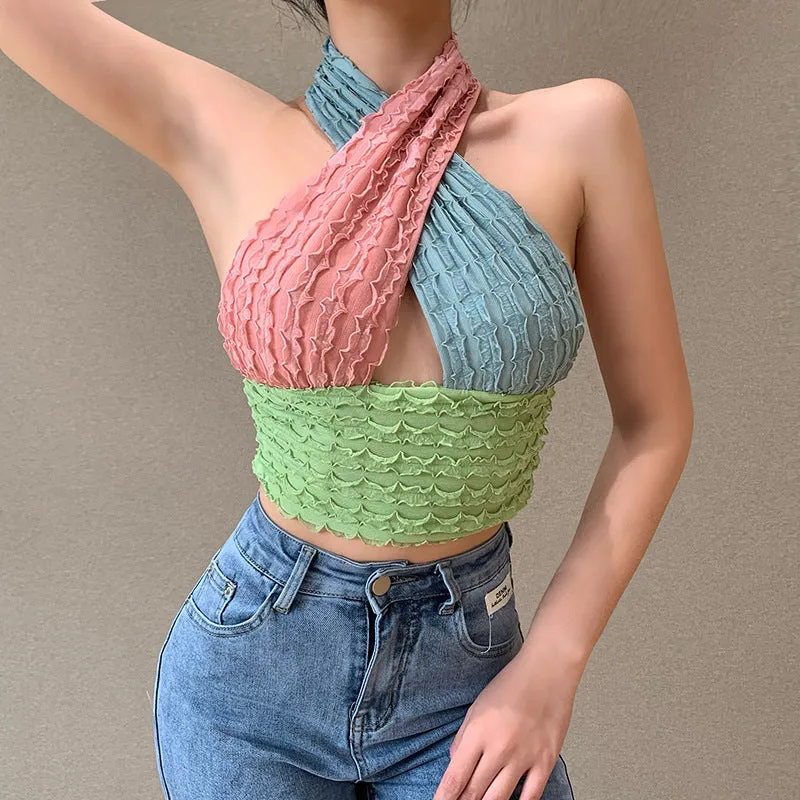 Macaroon Colour Block Ruched Cross Wrap Halter Neck Crop Tops Going Out