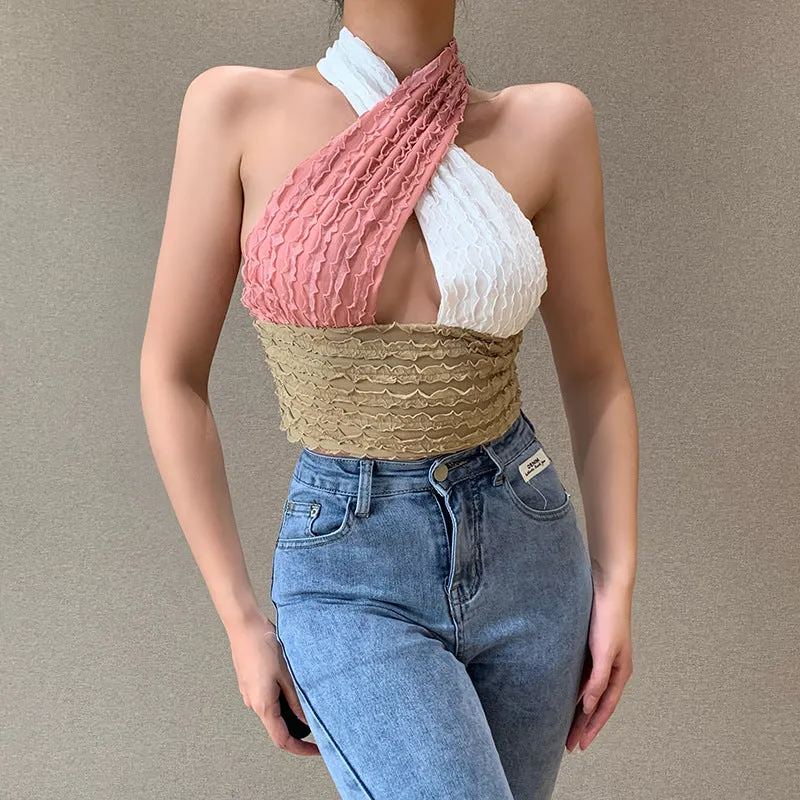 Macaroon Colour Block Ruched Cross Wrap Halter Neck Crop Tops Going Out