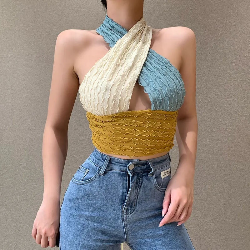 Macaroon Colour Block Ruched Cross Wrap Halter Neck Crop Tops Going Out