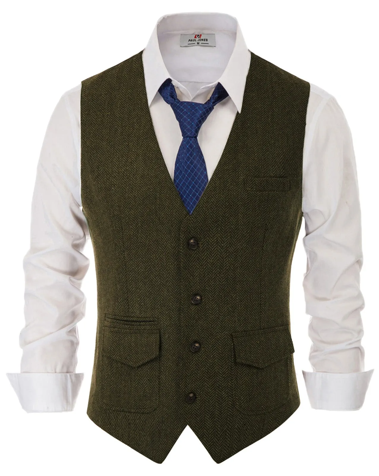 Men's British Herringbone Tweed Vest Casual Wool Blend Waistcoat with Pockets