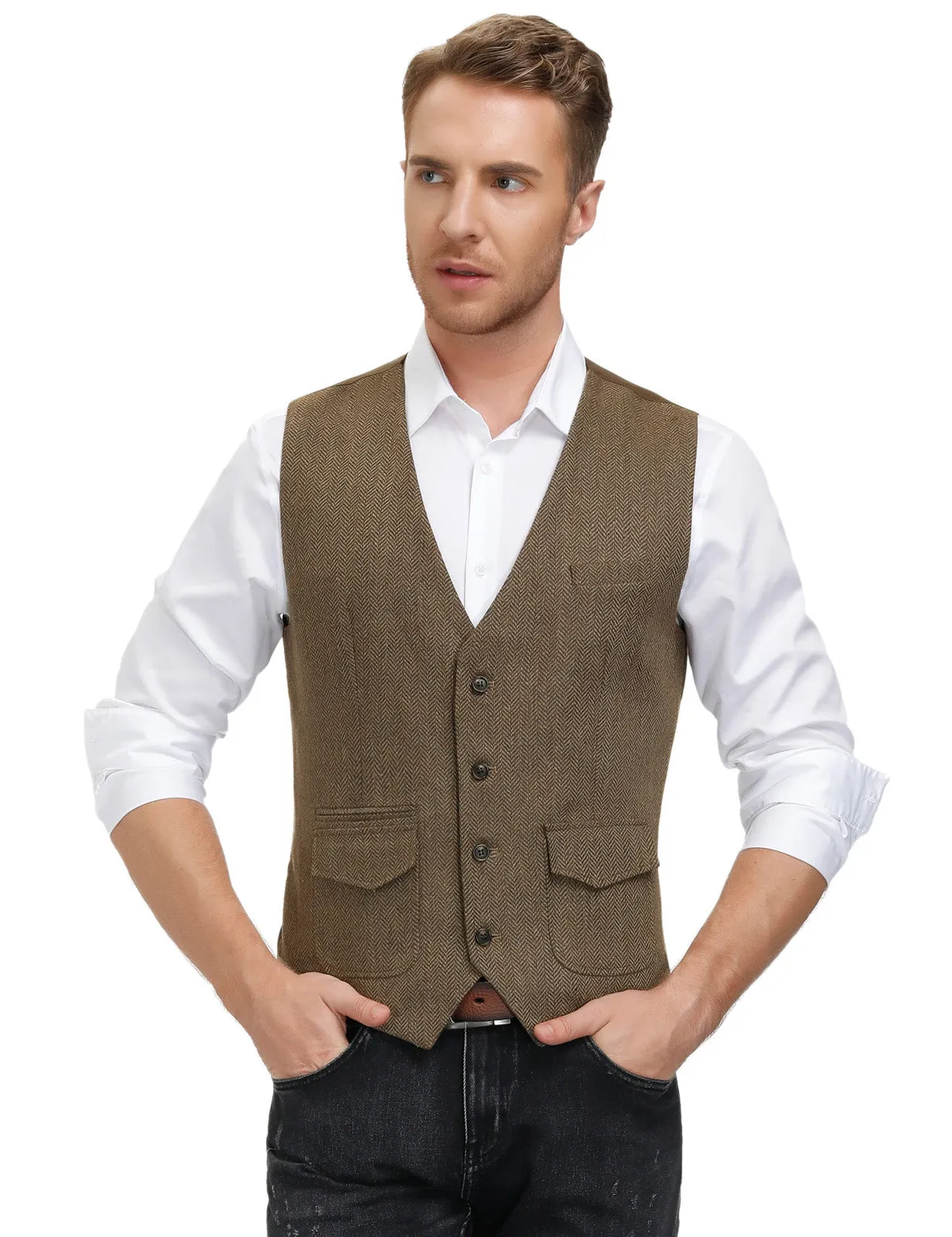 Men's British Herringbone Tweed Vest Casual Wool Blend Waistcoat with Pockets