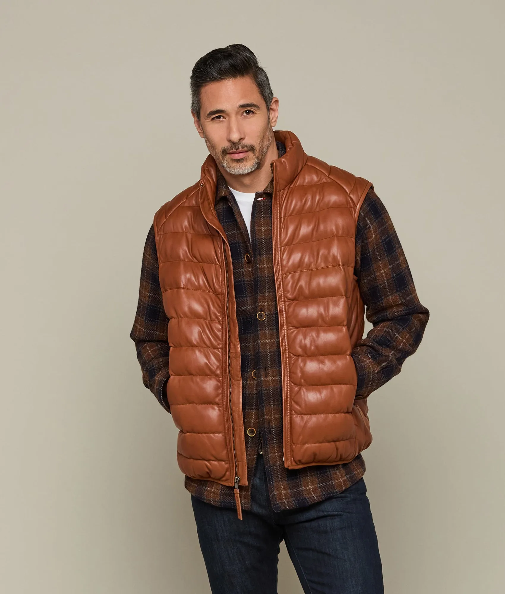 Men's Leather Puffer Vest :: Cognac