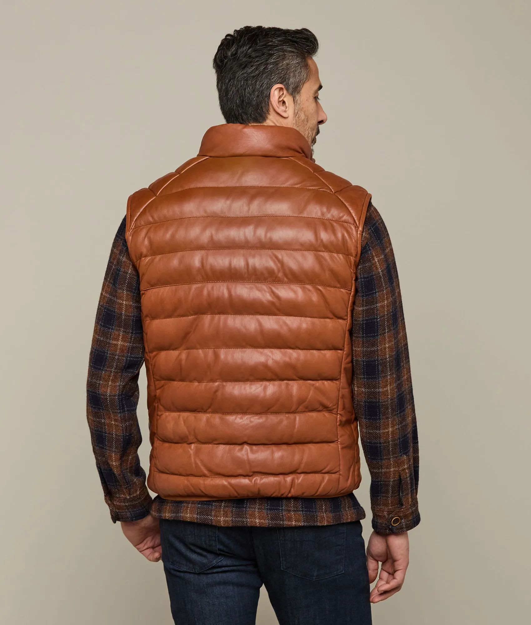 Men's Leather Puffer Vest :: Cognac