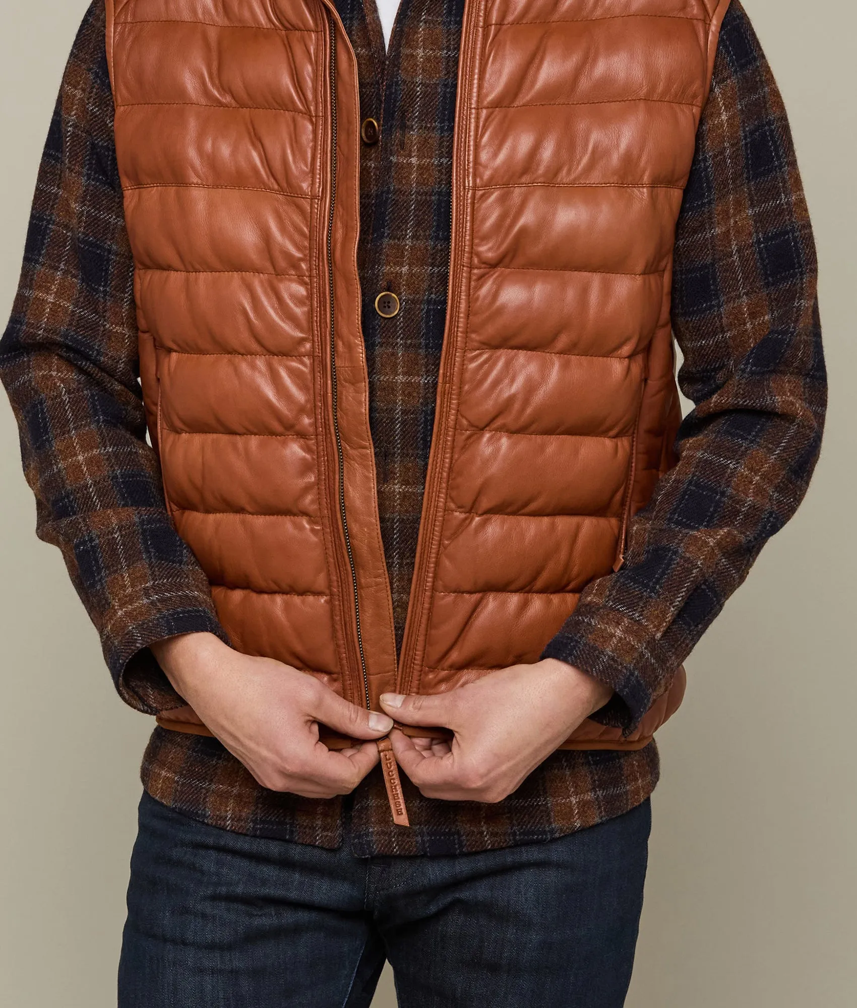 Men's Leather Puffer Vest :: Cognac