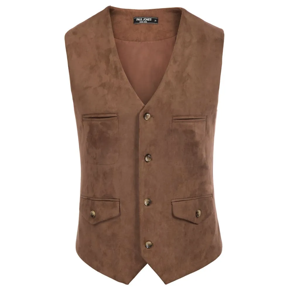 Men's Suede Leather Vest Casual V-Neck Single Breasted Slim Fit Western Cowboy Vest with Pockets