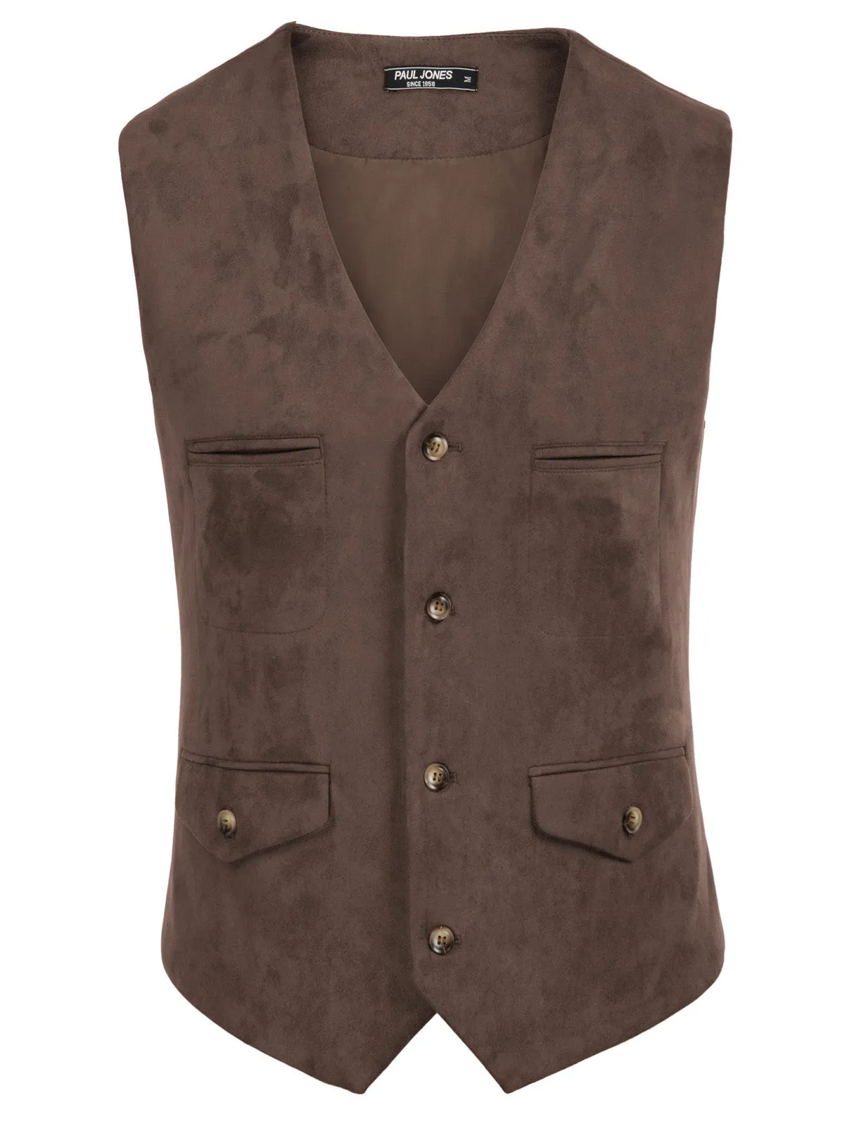 Men's Suede Leather Vest Casual V-Neck Single Breasted Slim Fit Western Cowboy Vest with Pockets