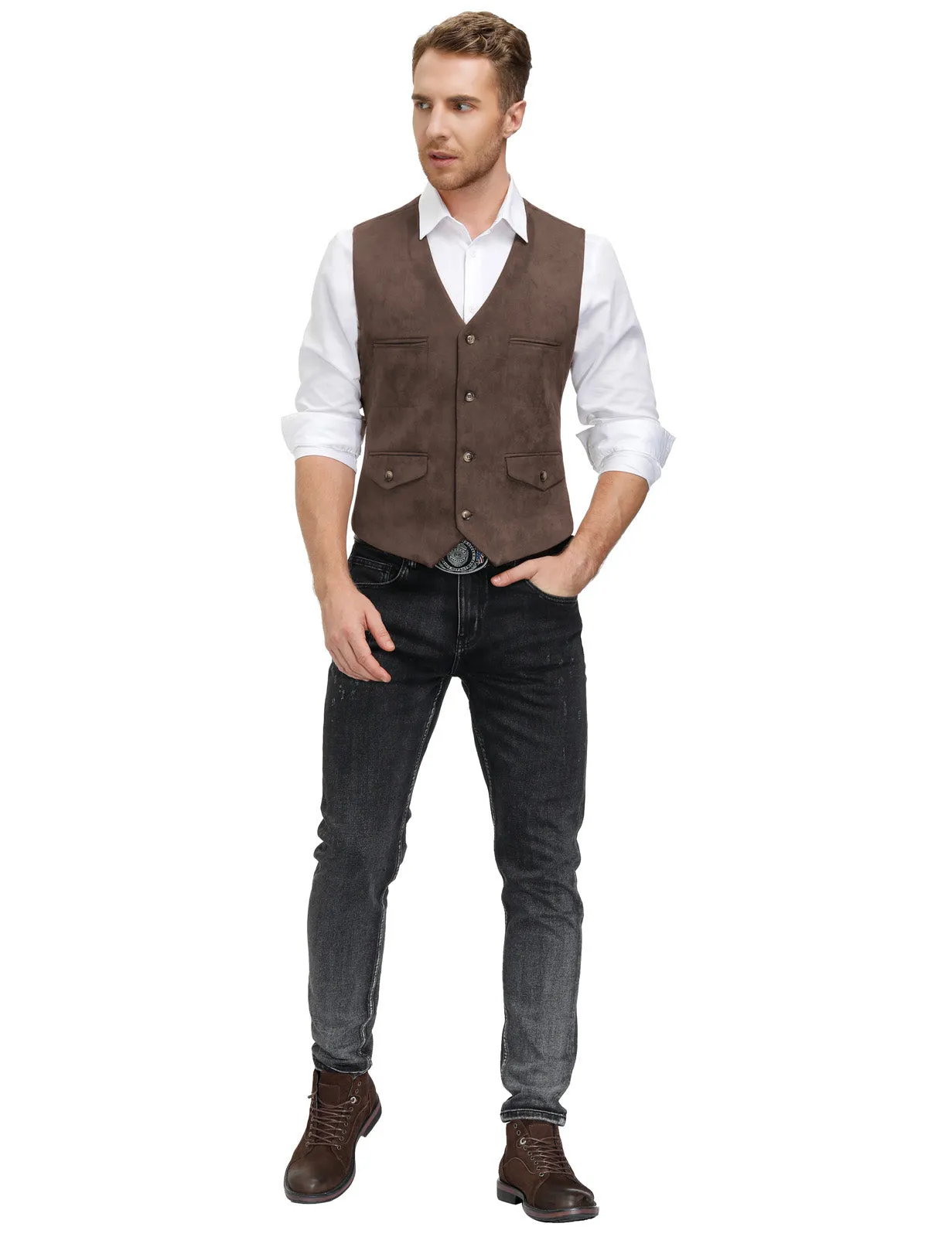 Men's Suede Leather Vest Casual V-Neck Single Breasted Slim Fit Western Cowboy Vest with Pockets