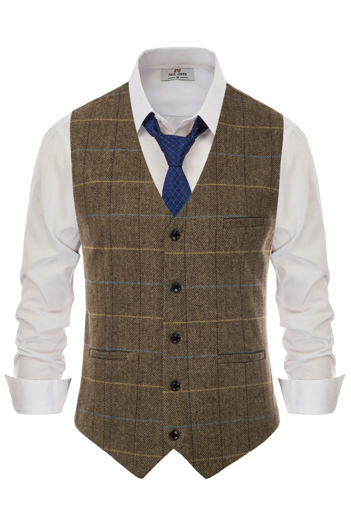 Men's Western Herringbone Tweed Suit Vest Wool Blend V Neck Slim Fit Waistcoat