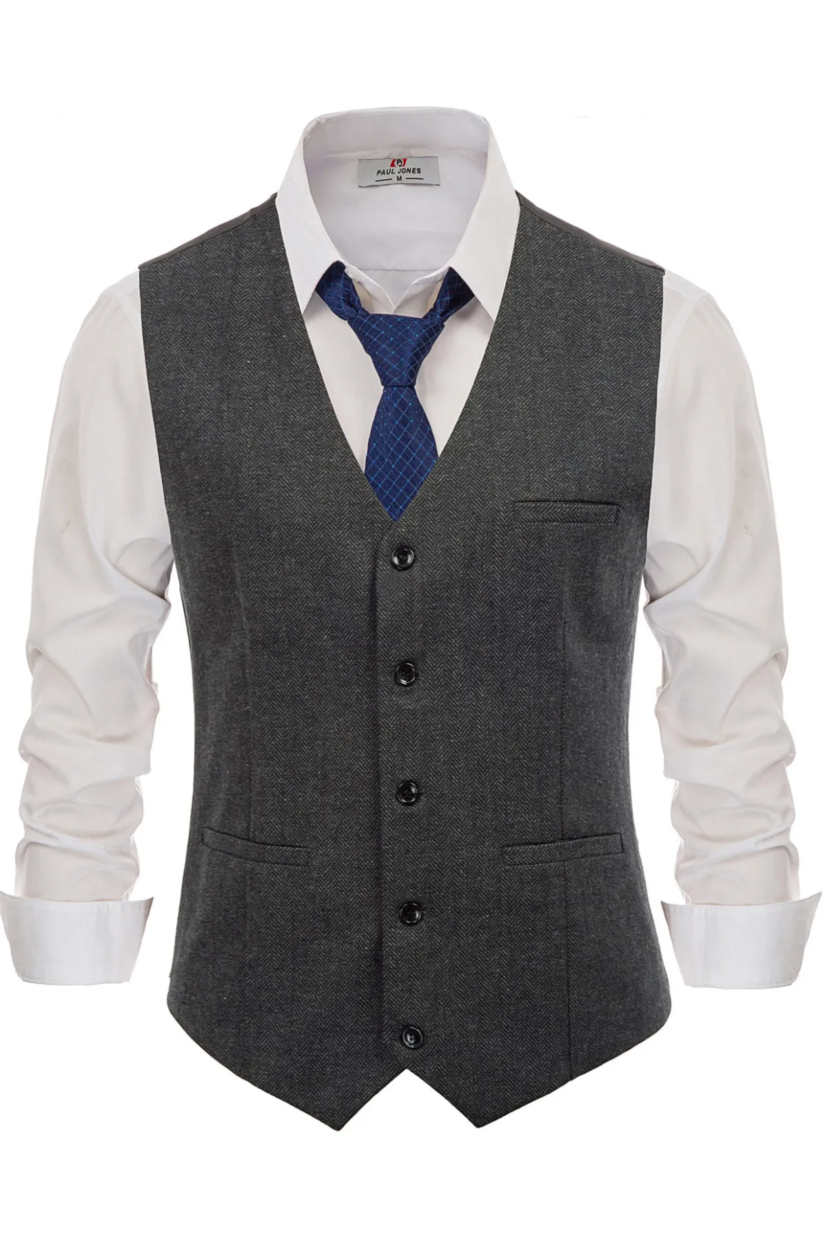 Men's Western Herringbone Tweed Suit Vest Wool Blend V Neck Slim Fit Waistcoat