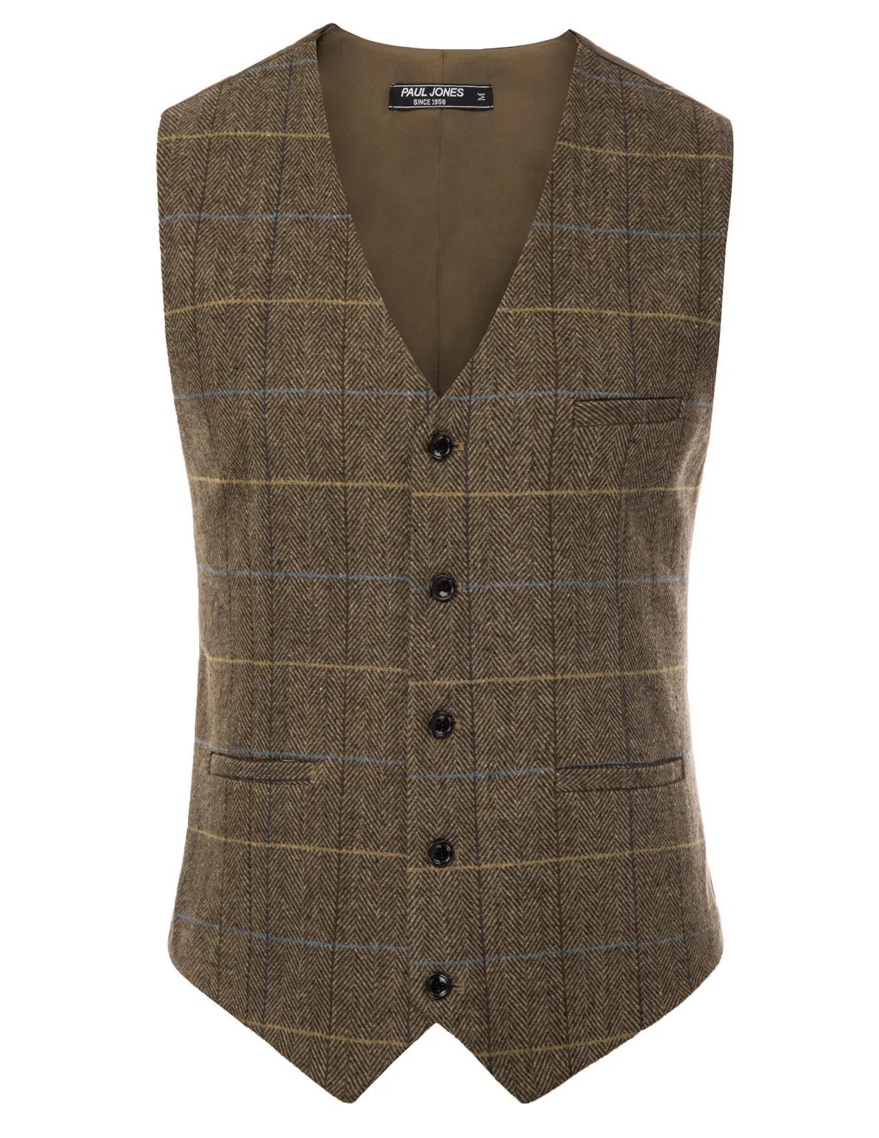 Men's Western Herringbone Tweed Suit Vest Wool Blend V Neck Slim Fit Waistcoat