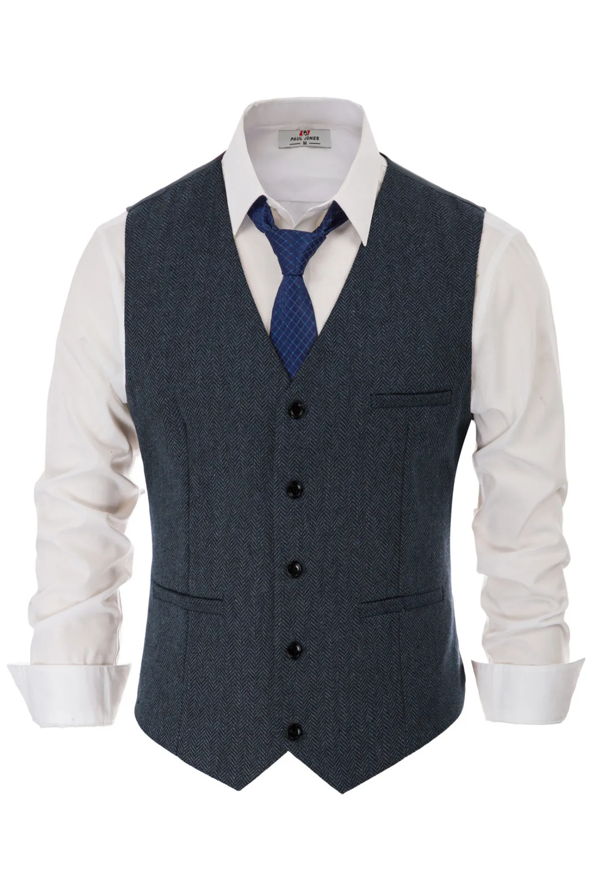 Men's Western Herringbone Tweed Suit Vest Wool Blend V Neck Slim Fit Waistcoat