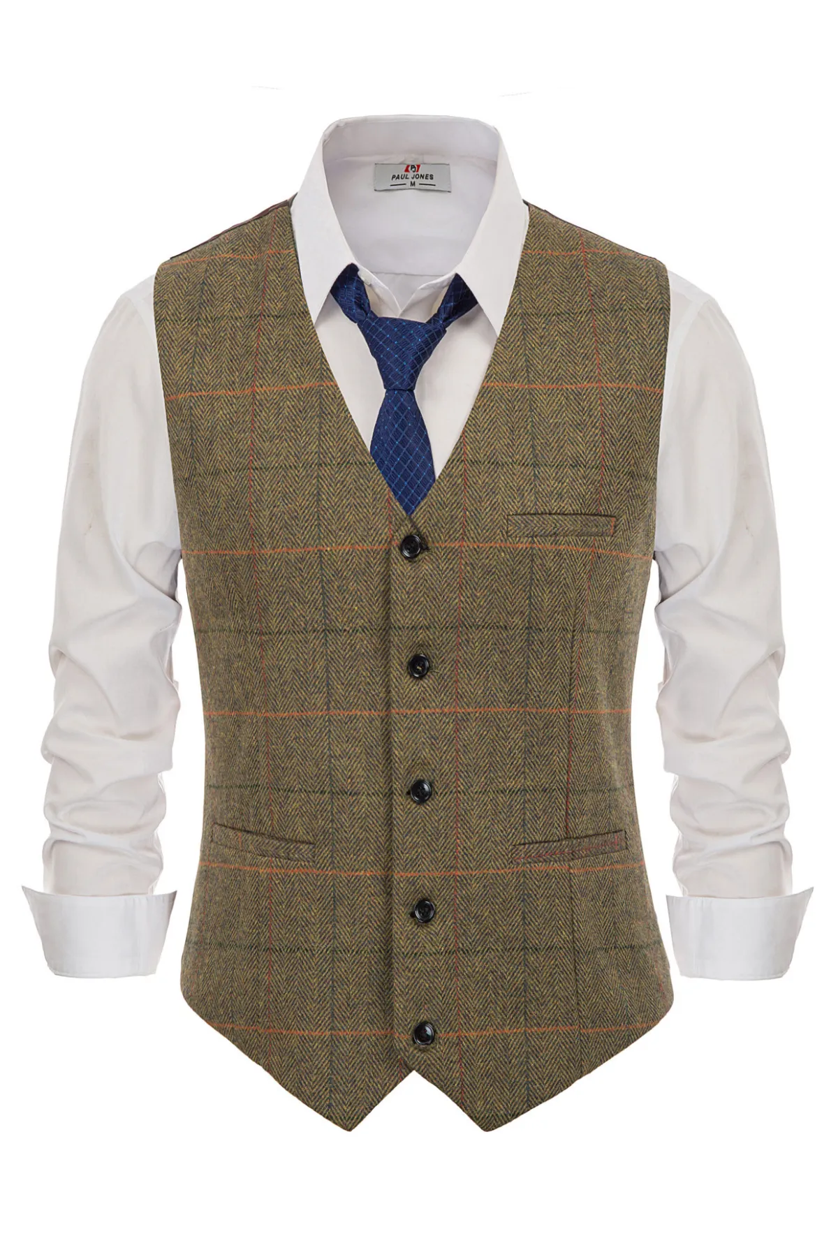 Men's Western Herringbone Tweed Suit Vest Wool Blend V Neck Slim Fit Waistcoat