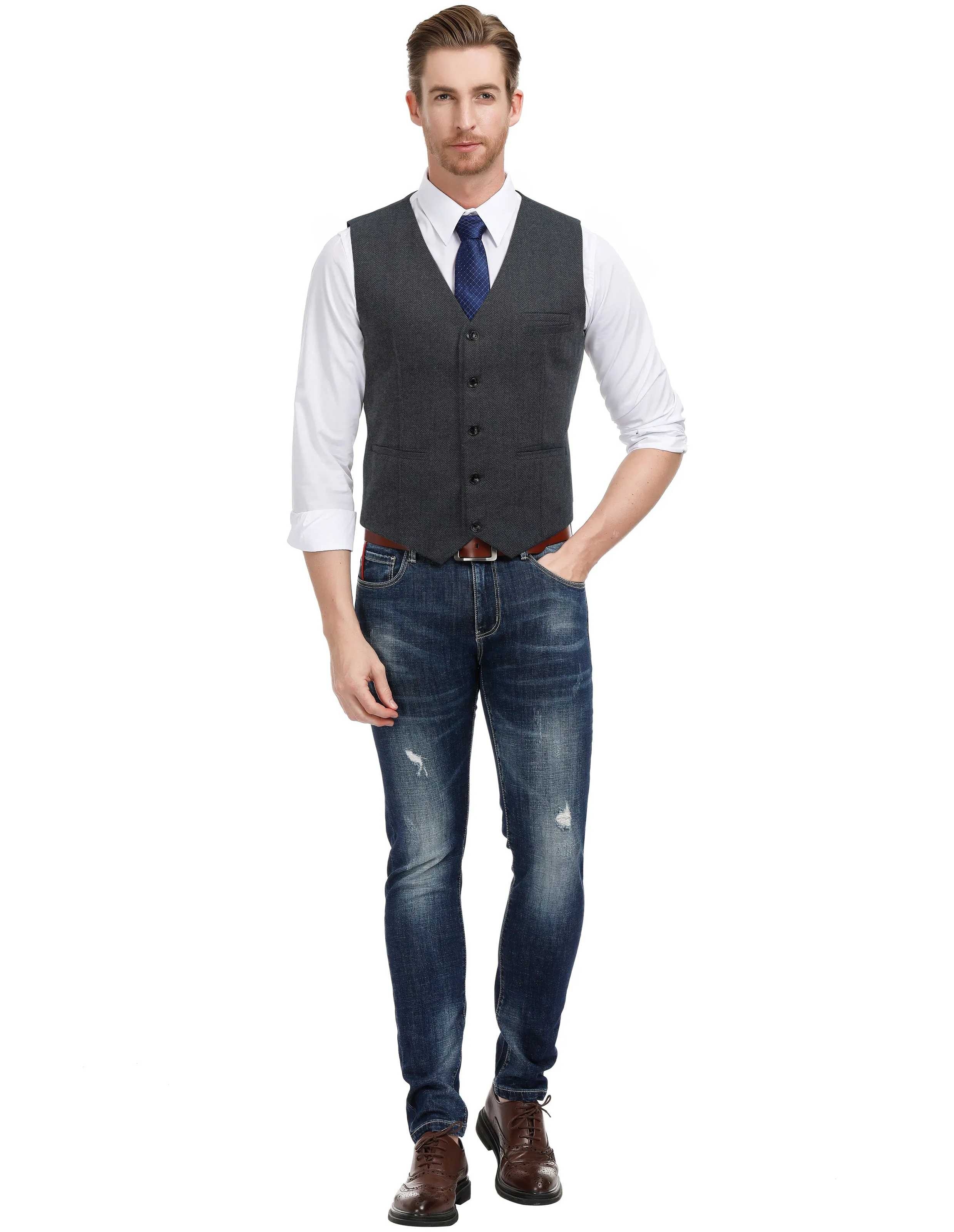 Men's Western Herringbone Tweed Suit Vest Wool Blend V Neck Slim Fit Waistcoat