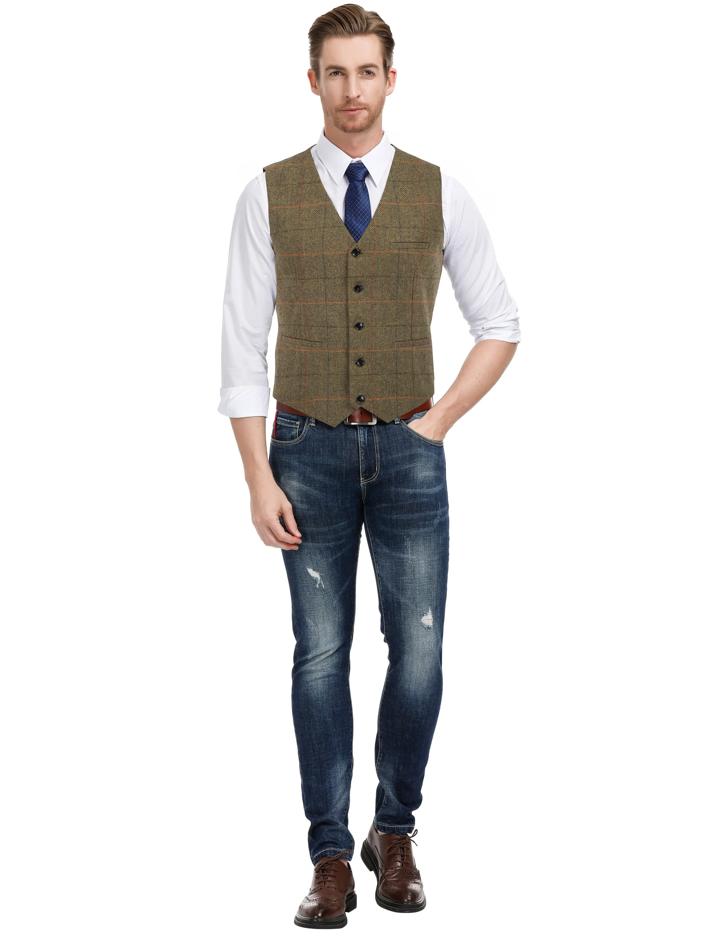 Men's Western Herringbone Tweed Suit Vest Wool Blend V Neck Slim Fit Waistcoat