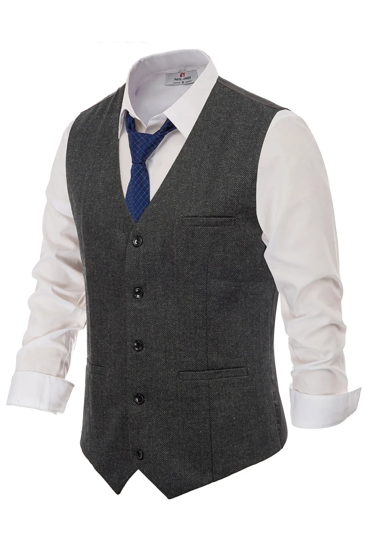 Men's Western Herringbone Tweed Suit Vest Wool Blend V Neck Slim Fit Waistcoat