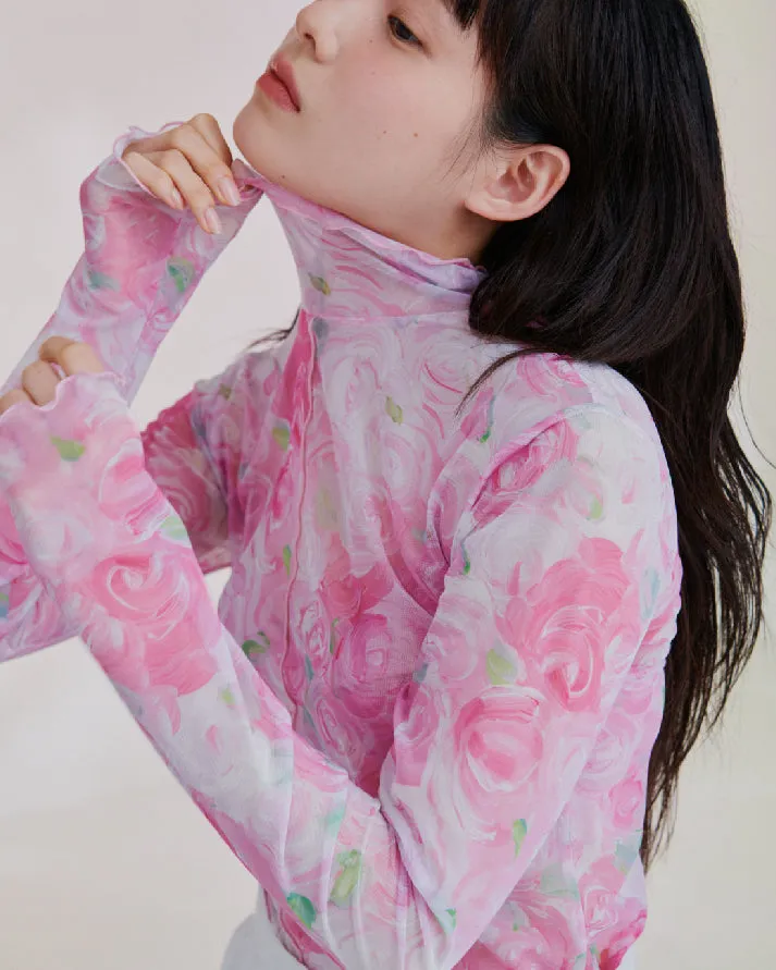 Pink rose flower see-through tops