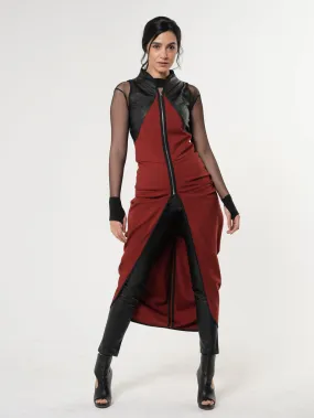 Sleeveless Long Vest With Leather Accent