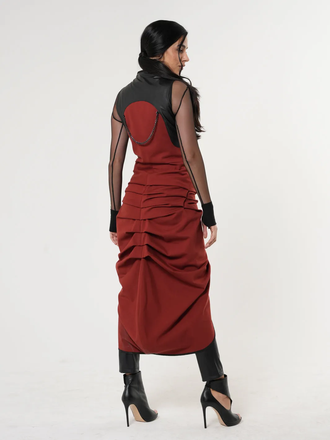 Sleeveless Long Vest With Leather Accent