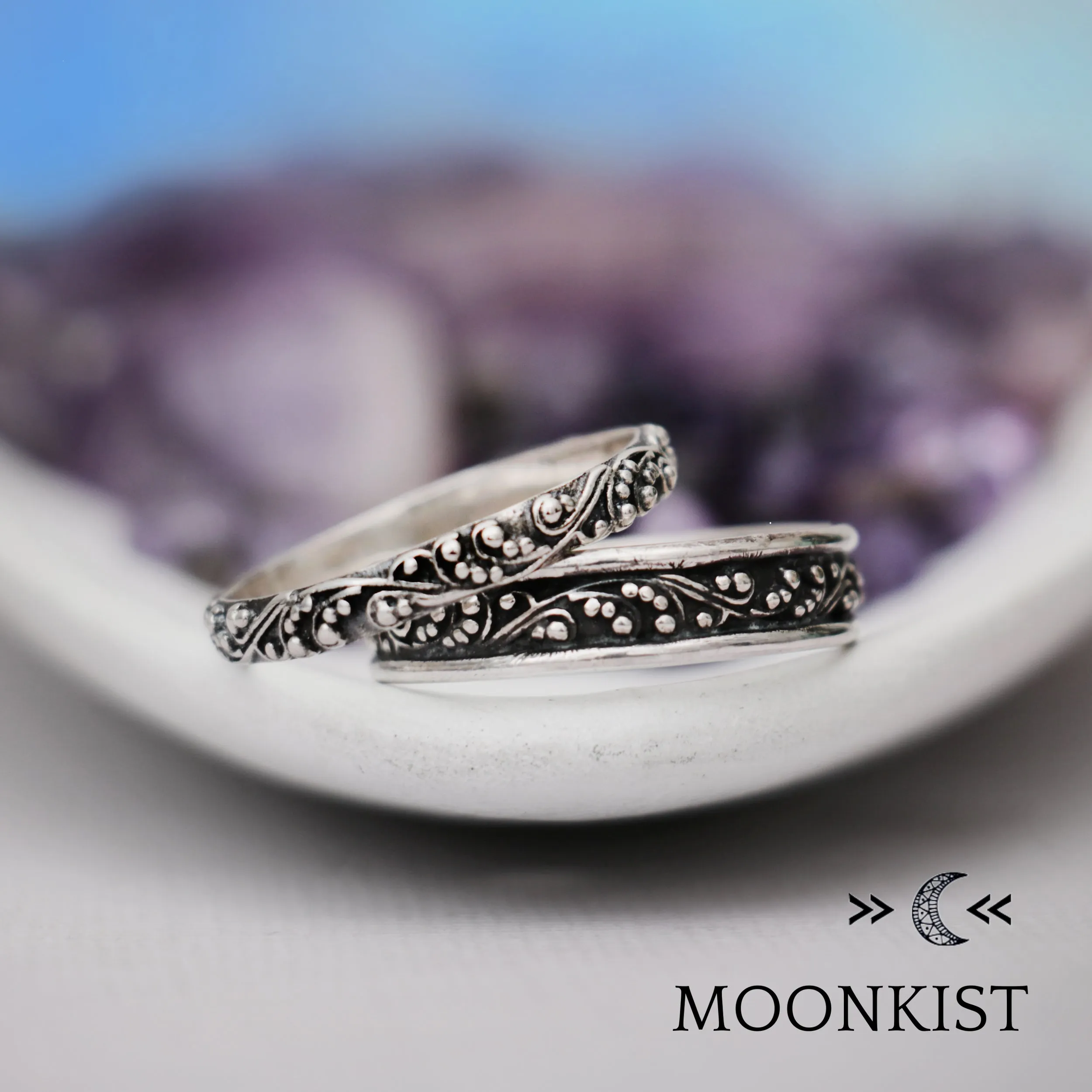 Sterling Silver Antique Style Vine Wedding Band Set  | Moonkist Designs