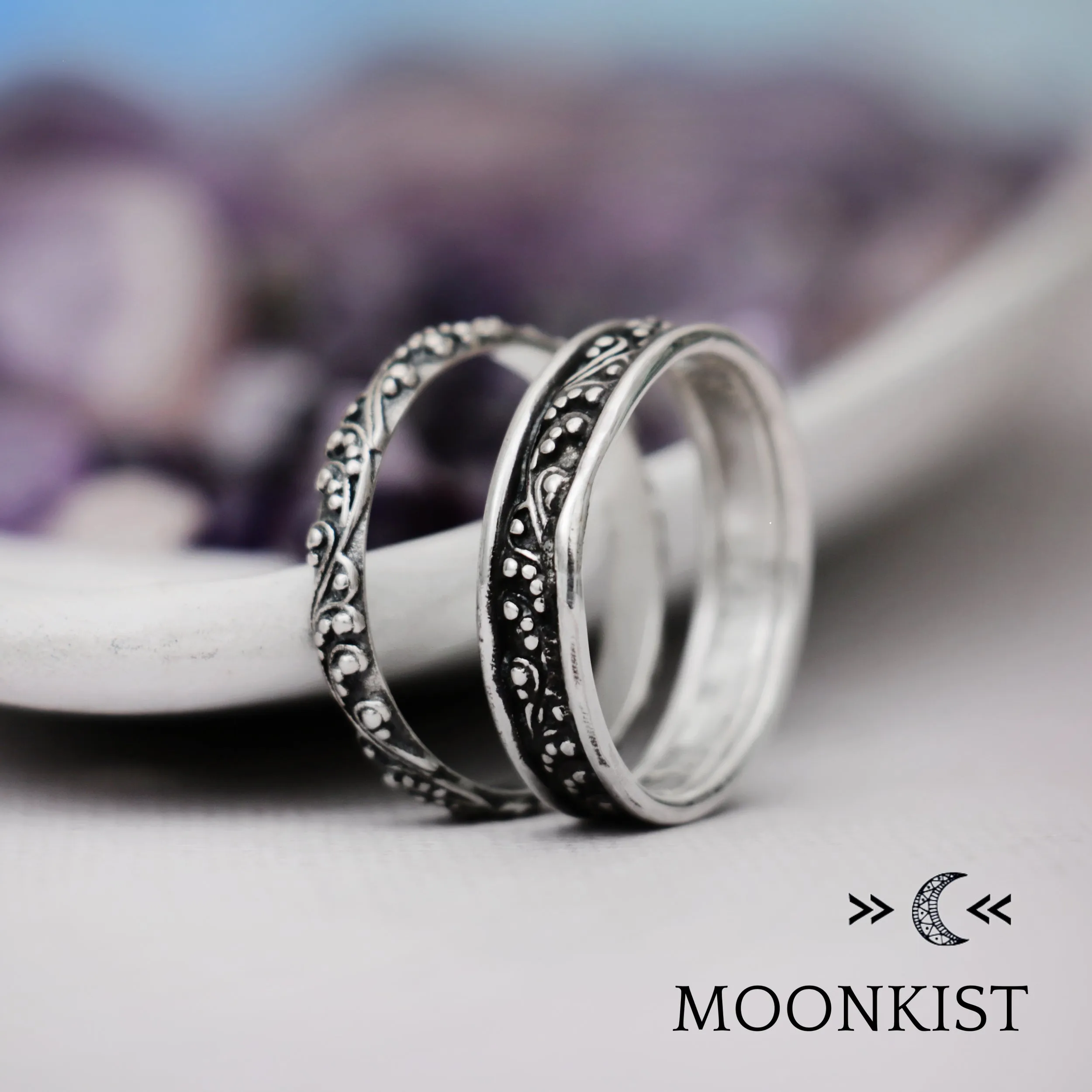 Sterling Silver Antique Style Vine Wedding Band Set  | Moonkist Designs