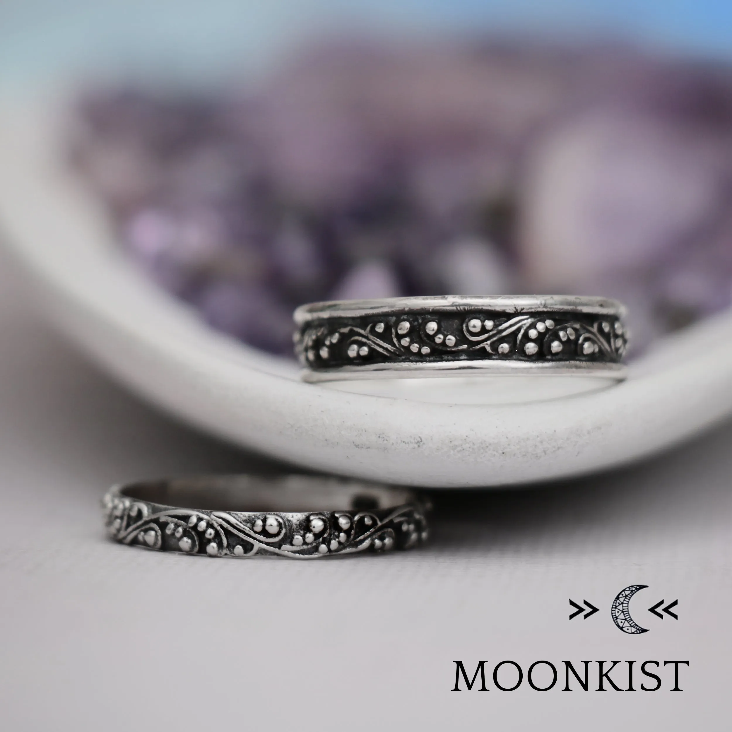 Sterling Silver Antique Style Vine Wedding Band Set  | Moonkist Designs